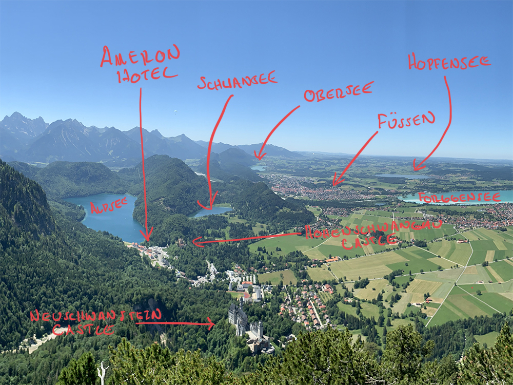 Annotated map of the region around the Ameron Neuschwanstein and Fuessen area.