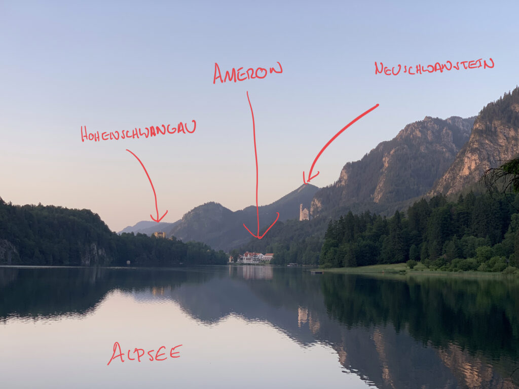 Annotated view of the Alpsee in relation to Schloss Neuschwanstein, and Schloss Hohenschwangau