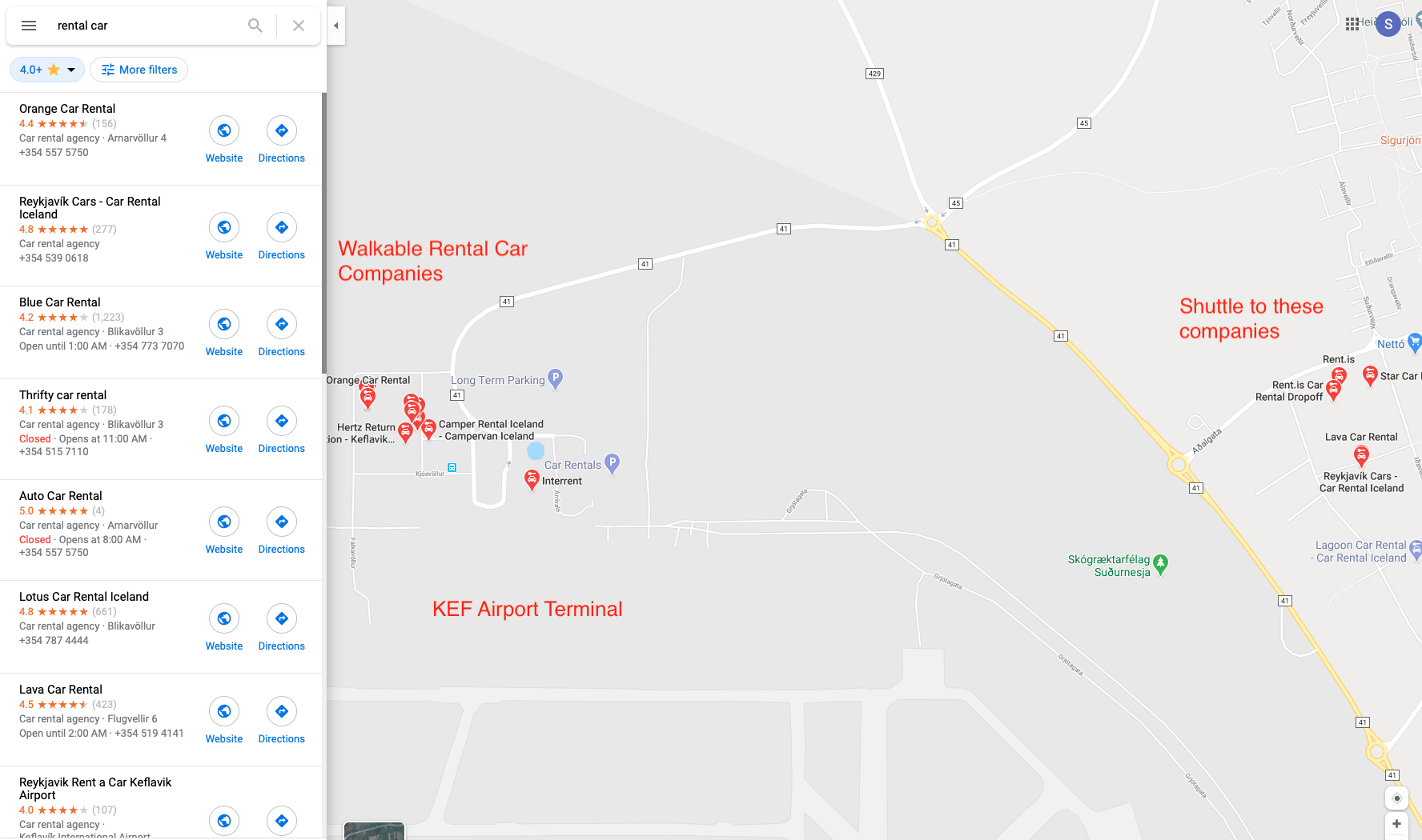 Map of Iceland Rental Car Companies with Google Reviews